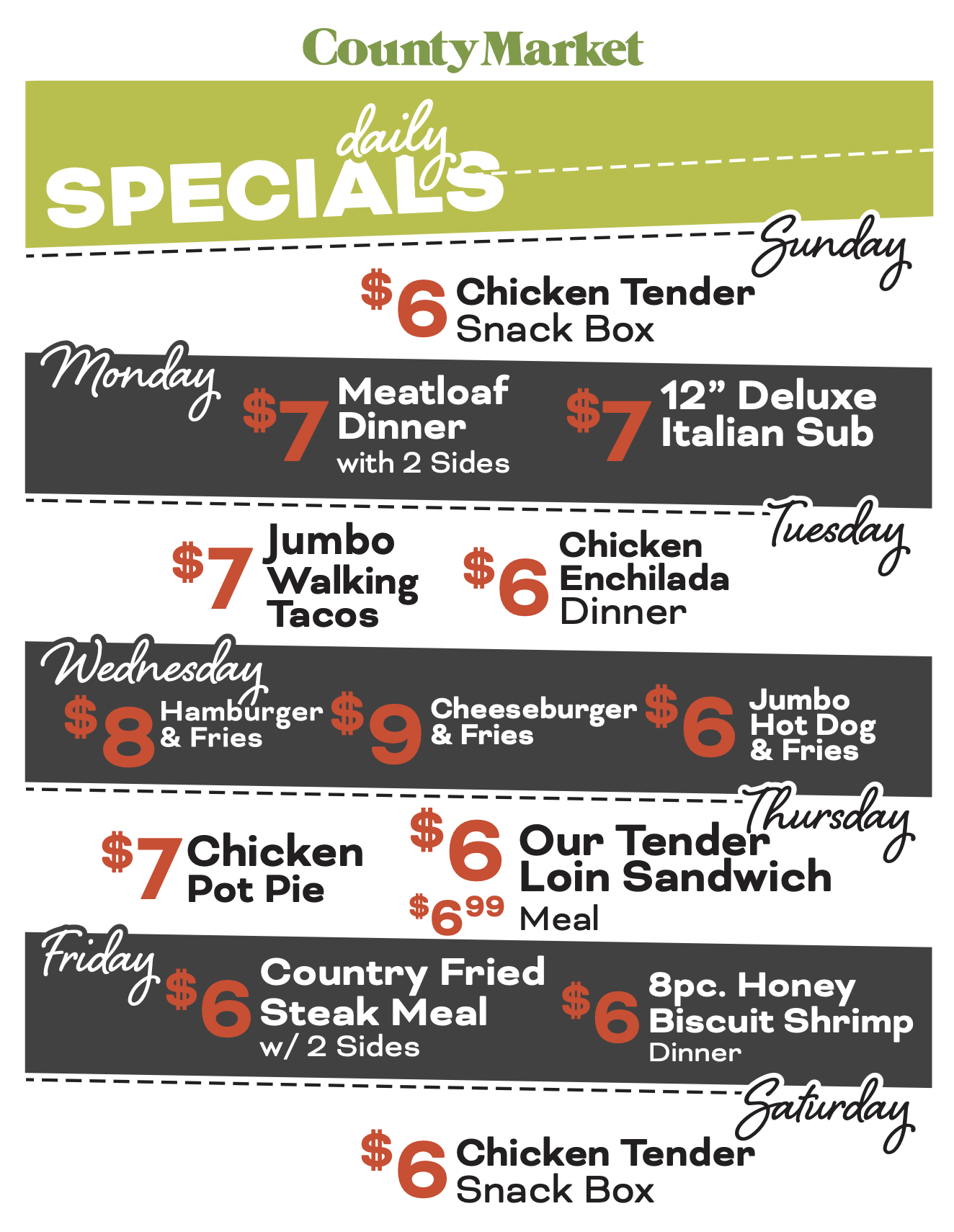 County Market weekly specials poster showing daily menu items and prices from Monday to Saturday.